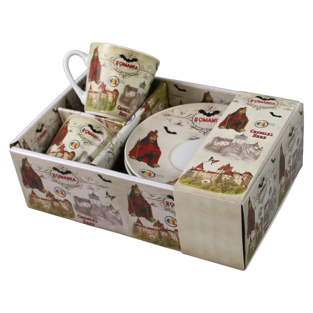 Set 2 cesti cafea cu farfurioare din ceramica Romania 70 ml Castelul Bran [1]