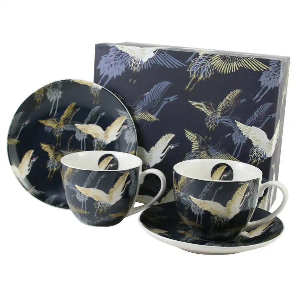 Casă și decorațiuni - Set 2 cesti cu farfurii din portelan „Cranes at night” 270 ml