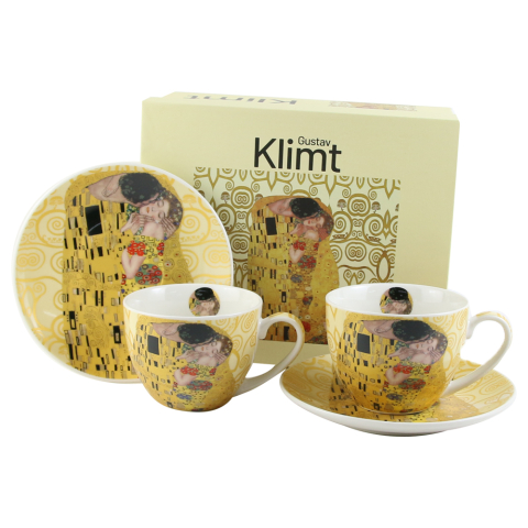 Seturi cadou - Set 2 cesti cu farfurii din portelan 270 ml The Kiss Gustav Klimt ecru in cutie decorativa