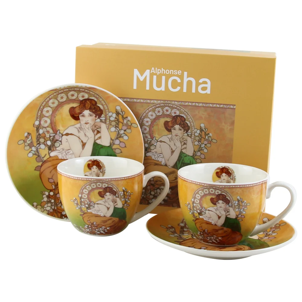 Casă și decorațiuni - Set 2 cesti cu farfurii din portelan 270 ml „Topaz” de A Mucha in cutie decorativa