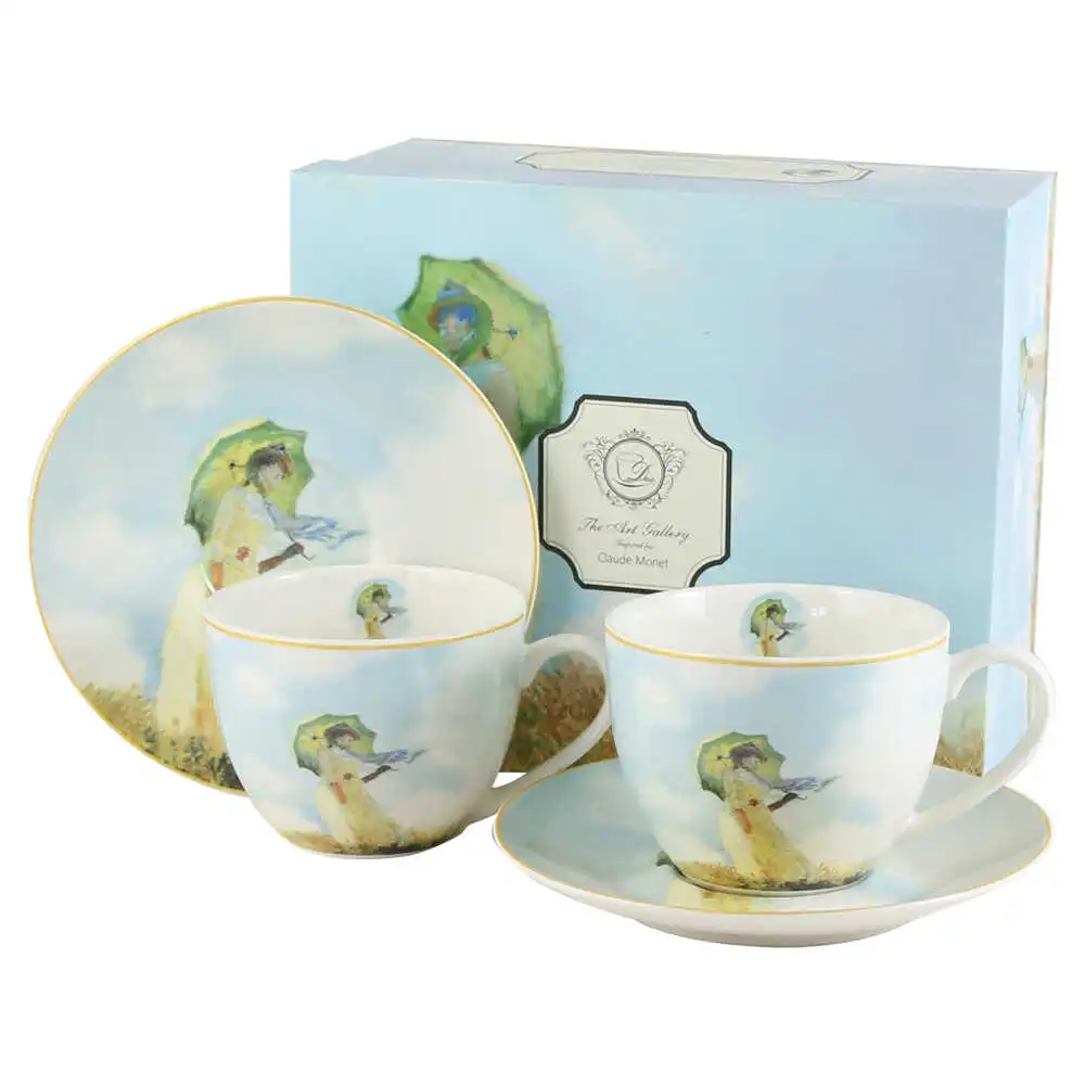 Casă și decorațiuni - Set 2 cesti cu farfurii din portelan „Woman with a Parasol” de Claude Monet 280 ml