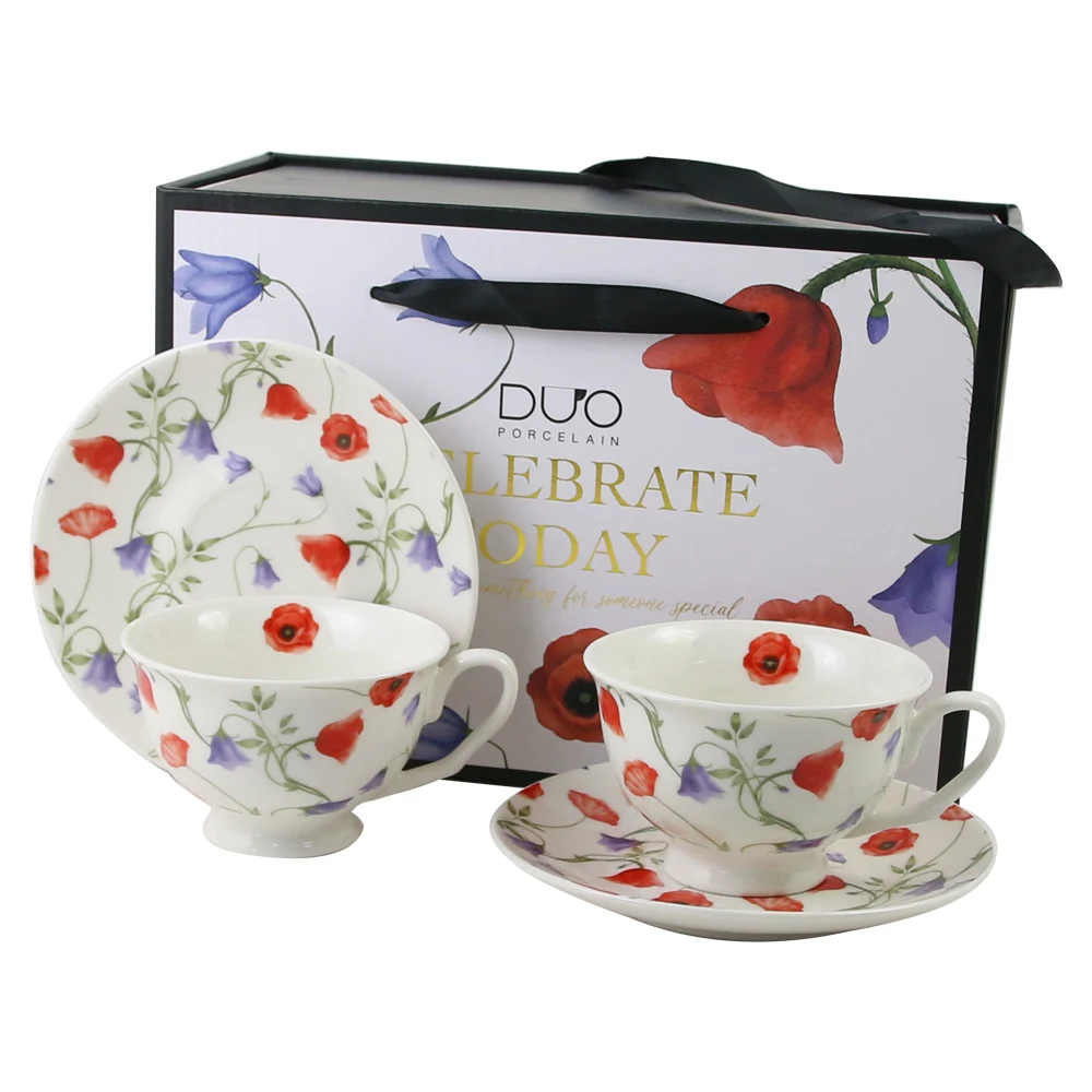 Casă și decorațiuni - Set 2 cesti cu farfurii din portelan Angela 250 ml in cutie decorativa