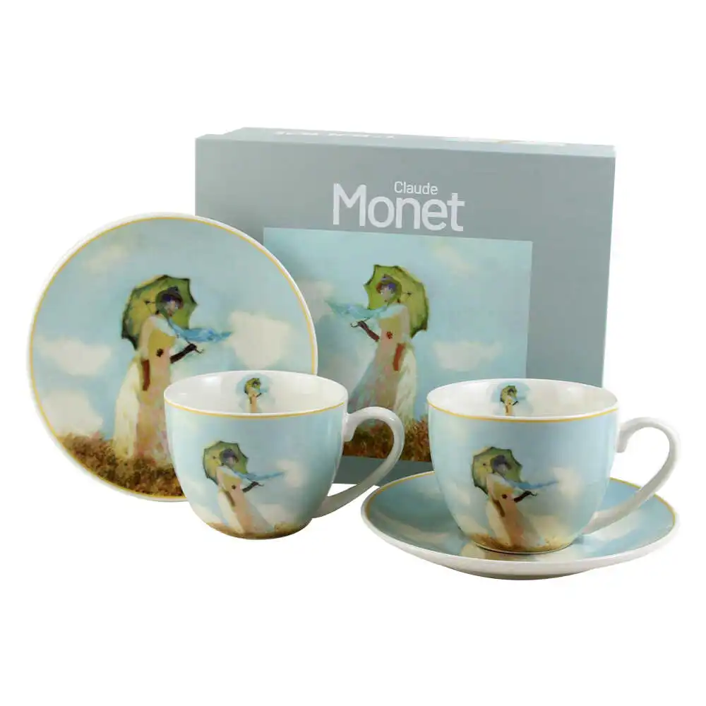 Căni și pahare - Set 2 cesti cu farfurii din portelan „Woman with Parasol” de Claude Monet 270 ml