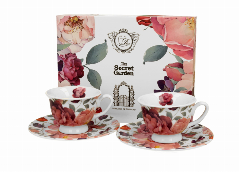 Căni și pahare - Set 2 cesti espresso cu farfurii din portelan 100ml Spring Rose
