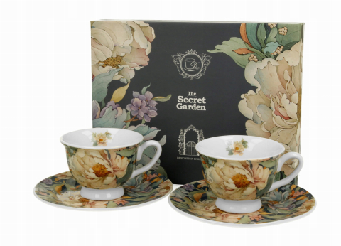 Căni și pahare - Set 2 cesti espresso cu farfurii din portelan Peony Blue