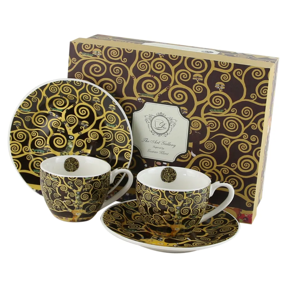 Casă și decorațiuni - Set 2 cesti espresso cu farfurii din portelan 90 ml Tree of Life de Gustav Klimt