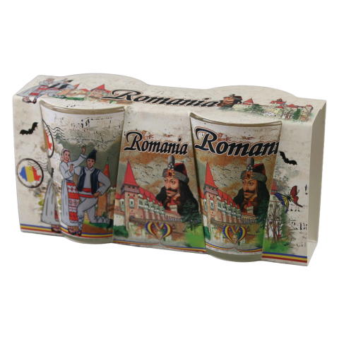 Căni și pahare - Set 2 pahare tarie din sticla „Romania” Castele/Cuplu in port traditional