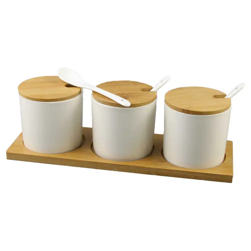 Articole pentru bucătărie - Set 3 recipiente condimente cu lingurite si suport din bambus