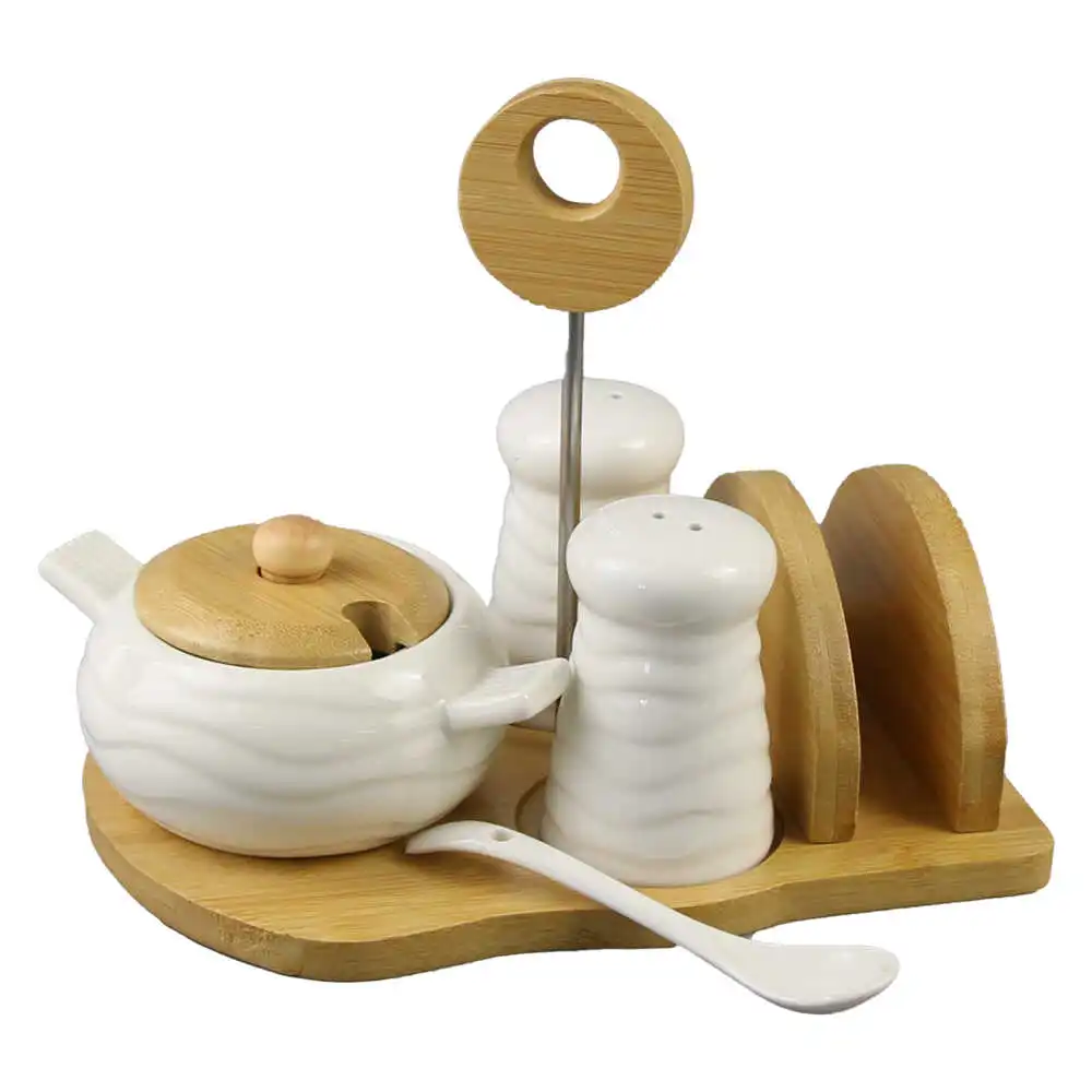 Articole pentru bucătărie - Set 3 recipiente pentru condimente cu suport servetele din bambus