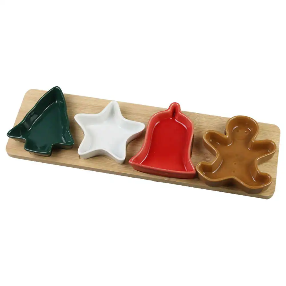 Căni și veselă Crăciun - Set 4 boluri din ceramica cu suport din bambus 39 x 12 x 3 cm