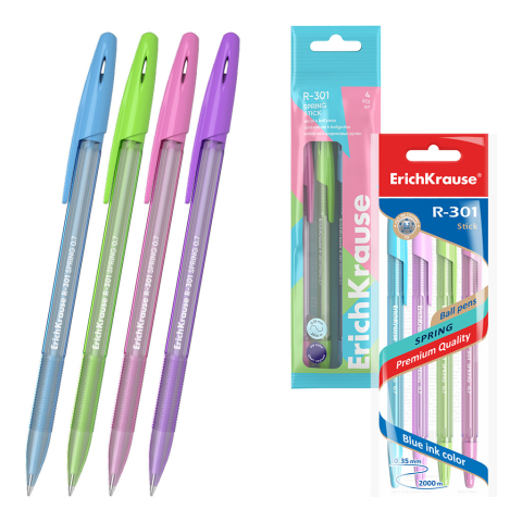 Birotică și accesorii birou - Set 4 pixuri cu bila ErichKrause R-301 Stick Spring 0.7 Albastru