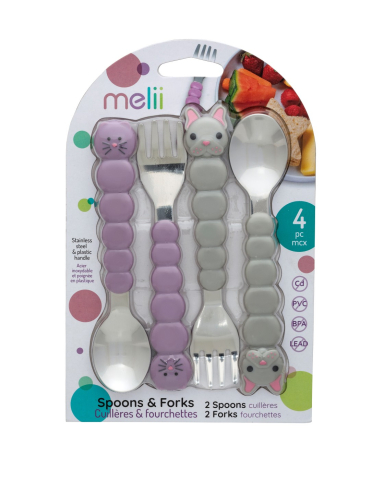 Accesorii hrănire bebe - SET 4 TACAMURI COLORATE, MELII, MODEL PISICA&BULLDOG