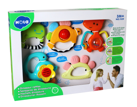 Jucării pentru bebeluși - SET 5 ZORNAITORI DINOZAURI MULTICOLORI