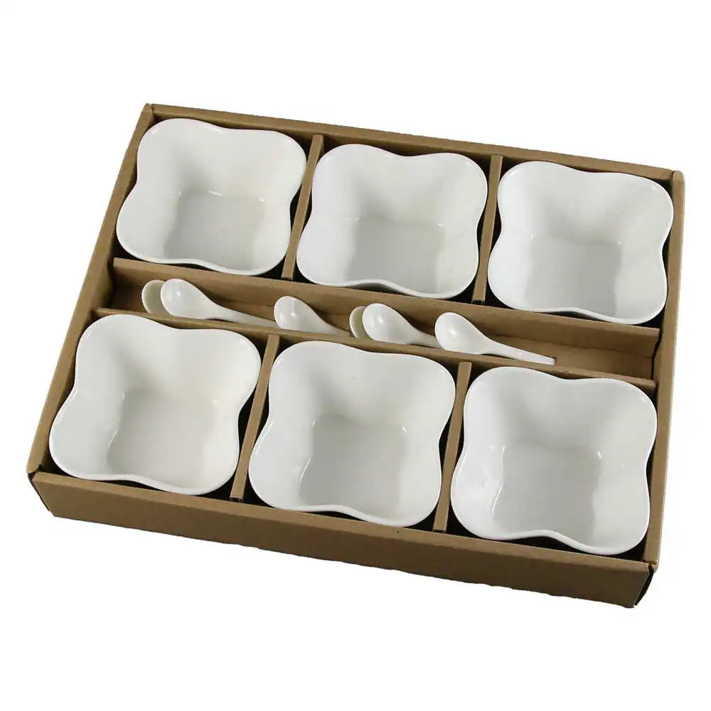 Casă și decorațiuni - Set 6 boluri albe din portelan cu lingurite 9 cm