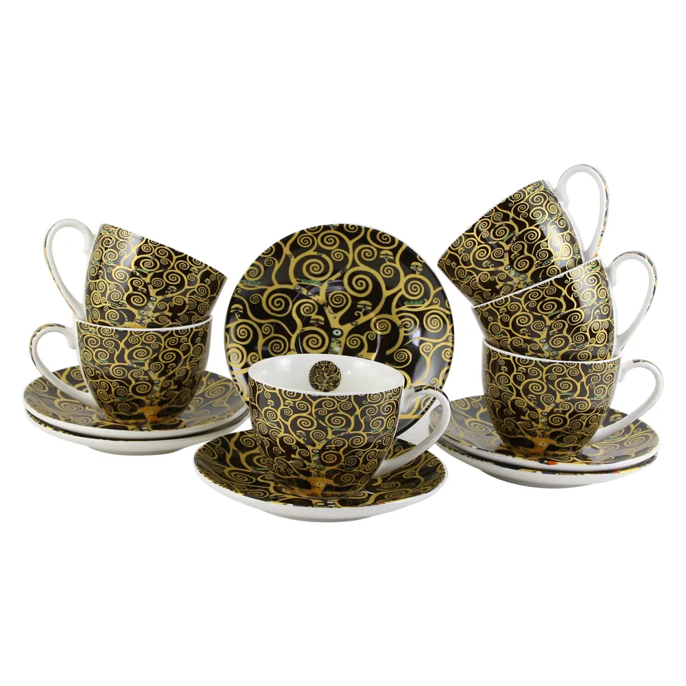 Casă și decorațiuni - Set 6 cani cu farfurie din portelan 250 ml „Tree of Life” Gustav Klimt