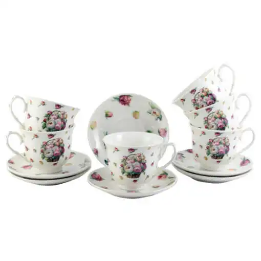 Căni și pahare - Set 6 cesti cu farfurii din portelan 250 ml Basket of Flowers-Peonies
