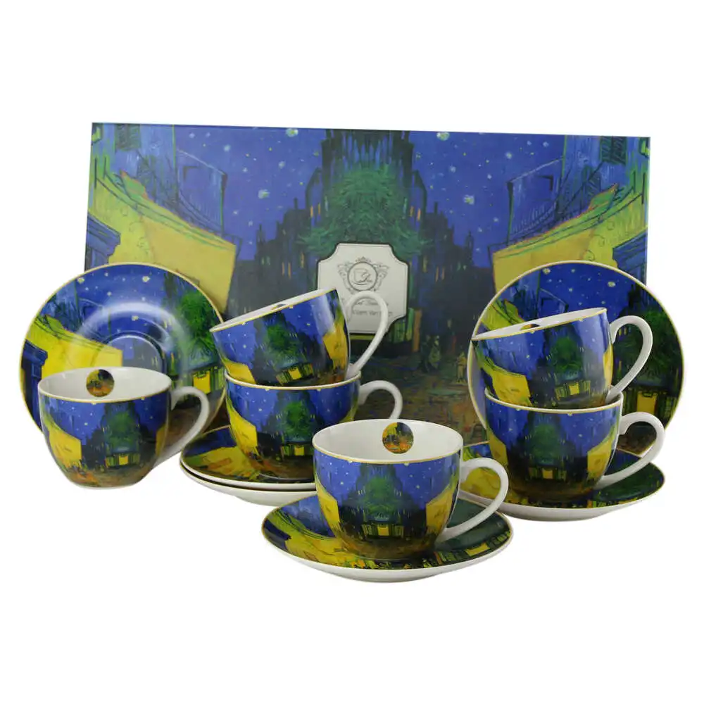 Casă și decorațiuni - Set 6 cesti cu farfurii din portelan 280 ml „Terrace at Night” de V. van Gogh