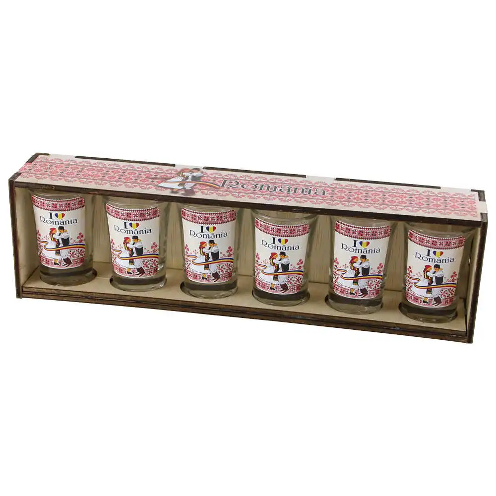 Căni și pahare - Set 6 pahare shot Romania cu suport lemn traditional 29.5x8 cm