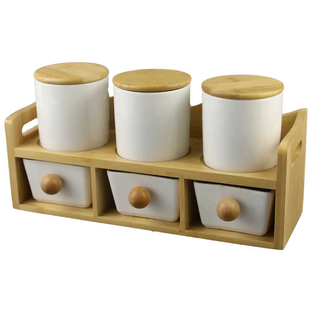 Articole pentru bucătărie - Set 6 recipiente condimente cu suport bambus