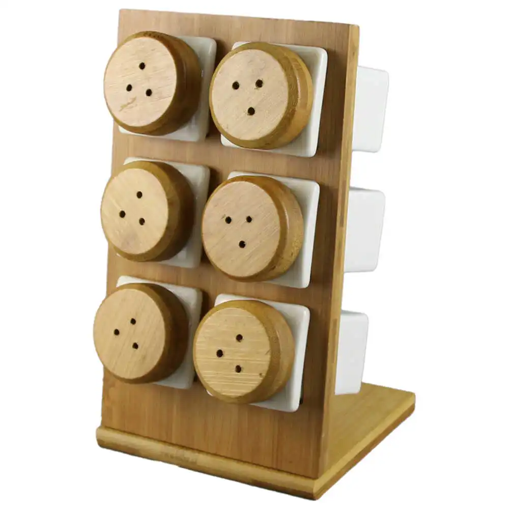 Articole pentru bucătărie - Set 6 recipiente condimente din ceramica cu suport bambus 13x11x22 cm