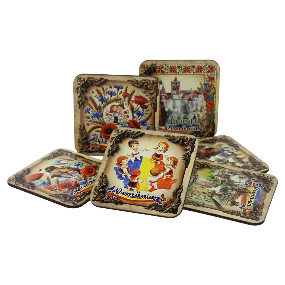 Noutăți Librăria Compas - Set 6 suporturi pahare din MDF Romania 9 x 9 cm