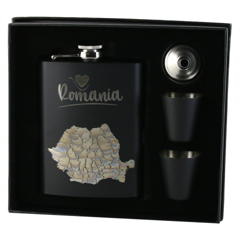Căni și pahare - Set cadou plosca cu palnie si 2 pahare harta Romaniei