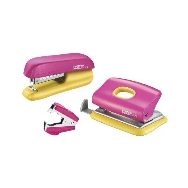 Noutăți Librăria Compas - Set capsator F5 perforator FC10 si decapsator C2 Rapid roz galben