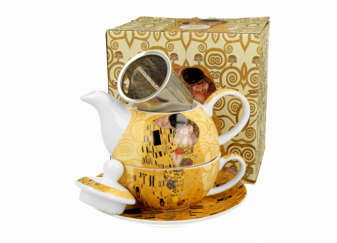 Casă și decorațiuni - Set ceainic cu ceasca, farfurioara si infuzor metalic The Kiss Ecru de Gustav Klimt 350 ml