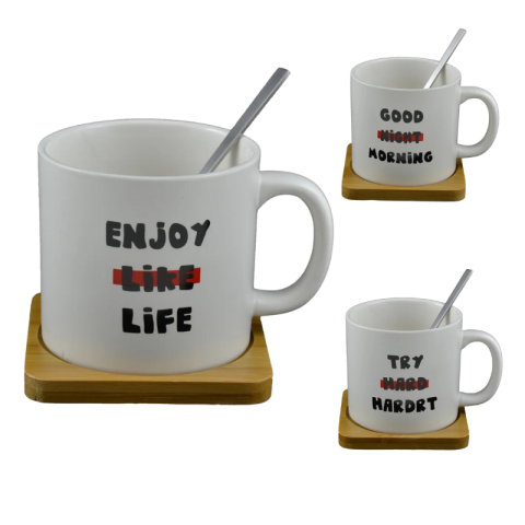 Casă și decorațiuni - Set ceasca cu lingurita si suport inscriptionat 13 x 10 x 9 cm modele diferite