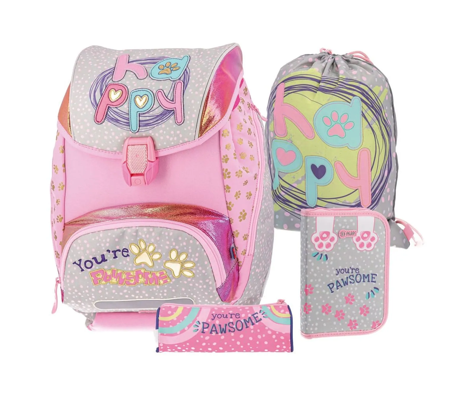 Rechizite școlare - Set ghiozdan + 2 penare + sac sport Paws Play