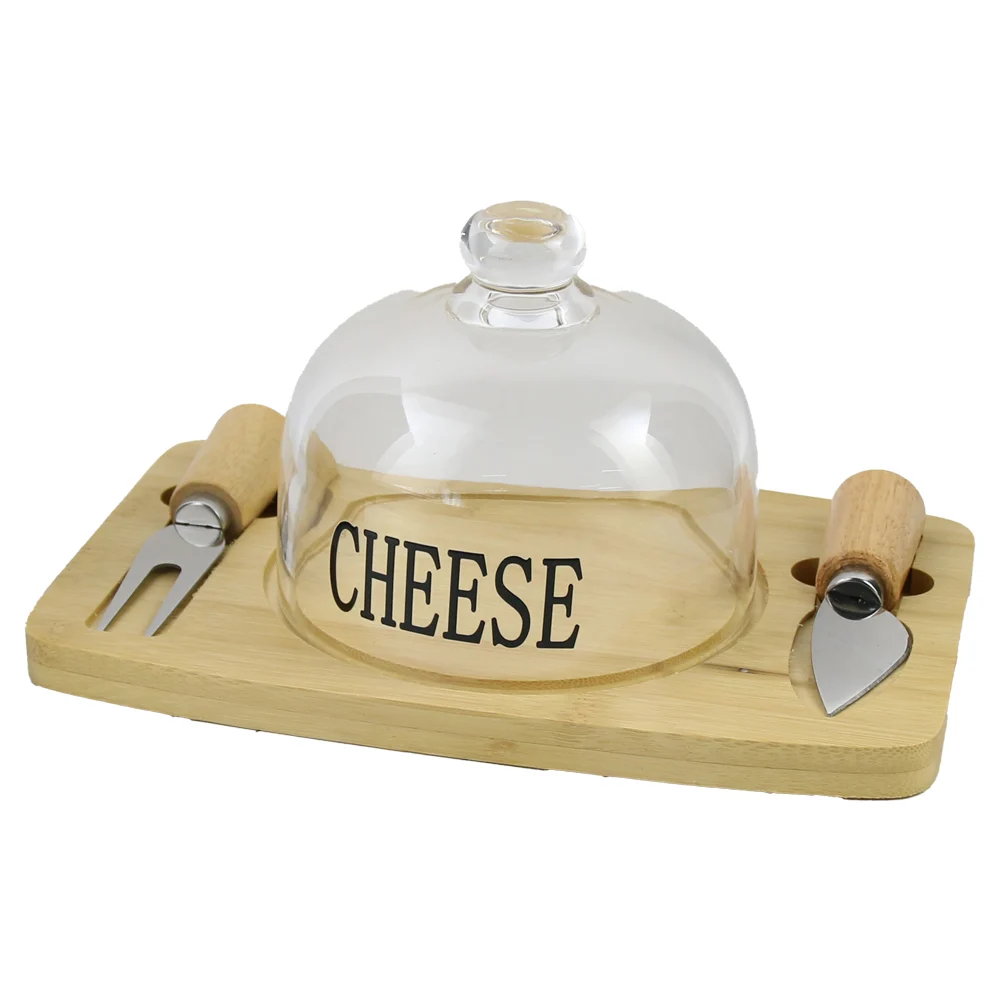 Articole pentru bucătărie - Set servire branzeturi cu tava din bambus 2 cutite si capac de sticla 24×16 cm