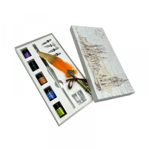 Set stilou decorativ Vintage pana portocalie calimara [3]