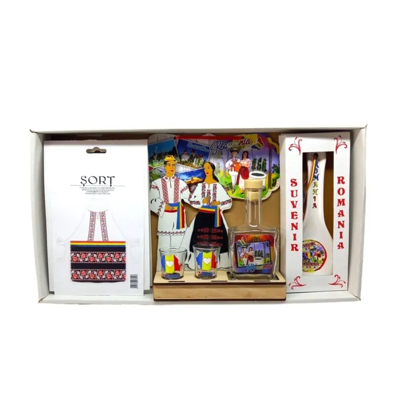 Set suvenir Romania cu sort, pahare, sticla si lingura decorativa culori diferite [1]