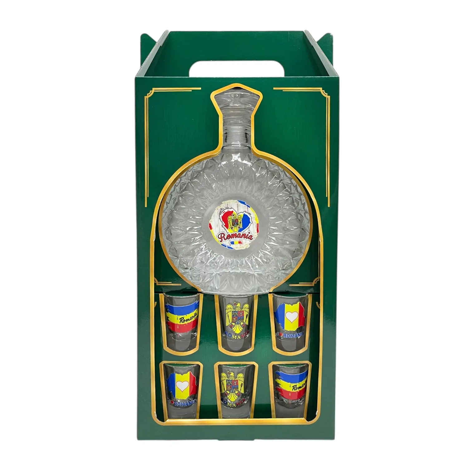 Băuturi și accesorii - Set cadou tarie cu plosca sticla si 6 pahare Romania