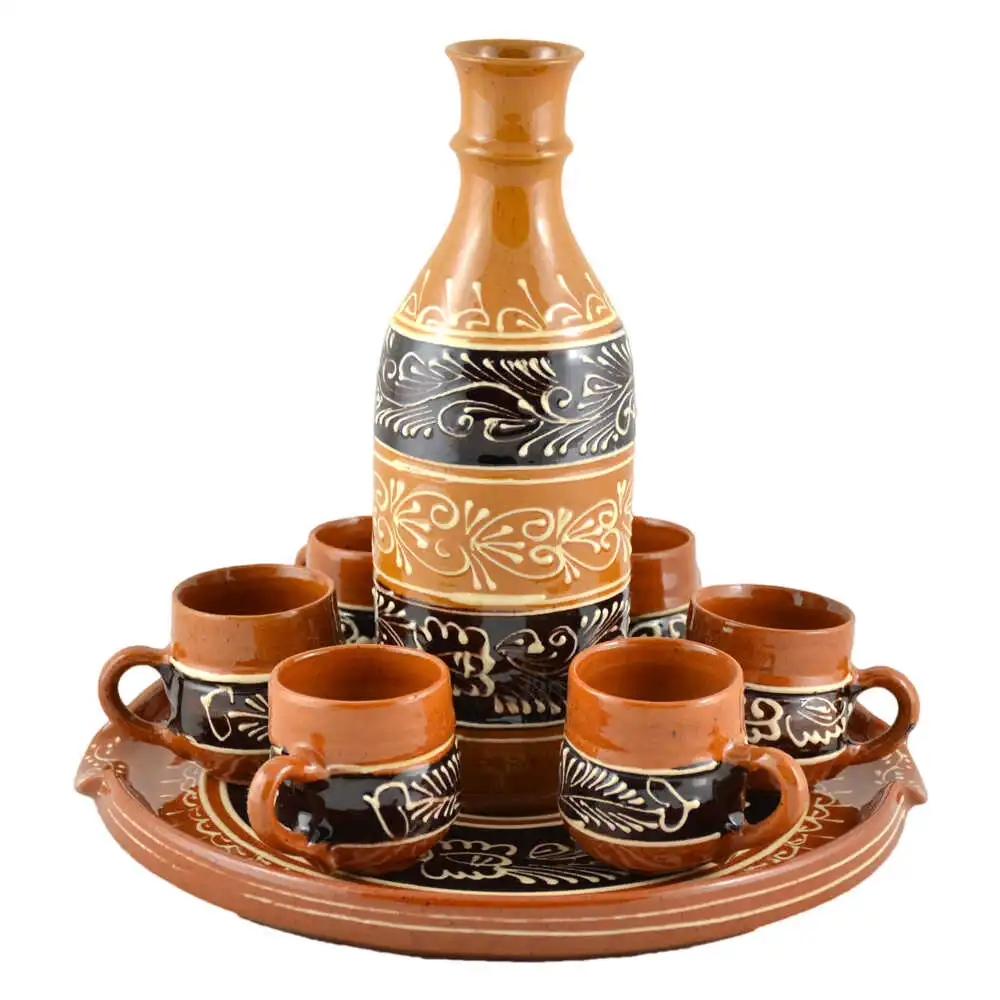 Băuturi și accesorii - Set tuica cu 6 pahare din ceramica motive populare