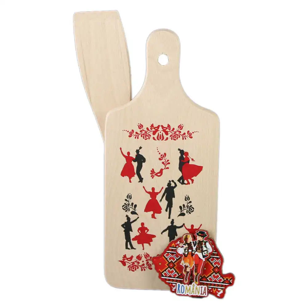Casă și decorațiuni - Set ustensile de bucatarie din lemn cu magnet frigider „Romania” 3 piese dansatori populari