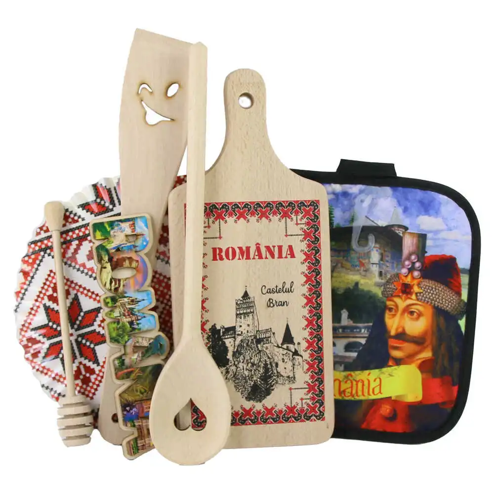 Casă și decorațiuni - Set ustensile bucatarie din lemn cu magnet frigider „Romania” 7 piese