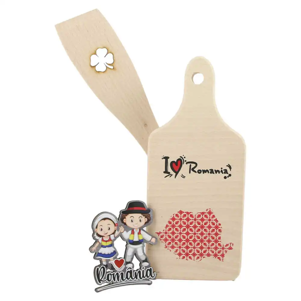 Casă și decorațiuni - Set ustensile bucatarie din lemn cu magnet frigider „I love Romania” 3 piese