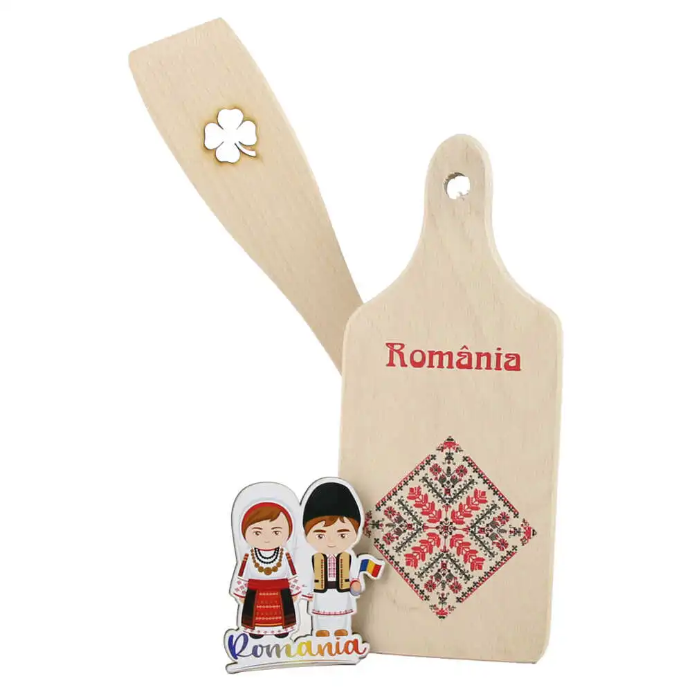 Casă și decorațiuni - Set ustensile bucatarie din lemn cu magnet frigider „Romania” 3 piese