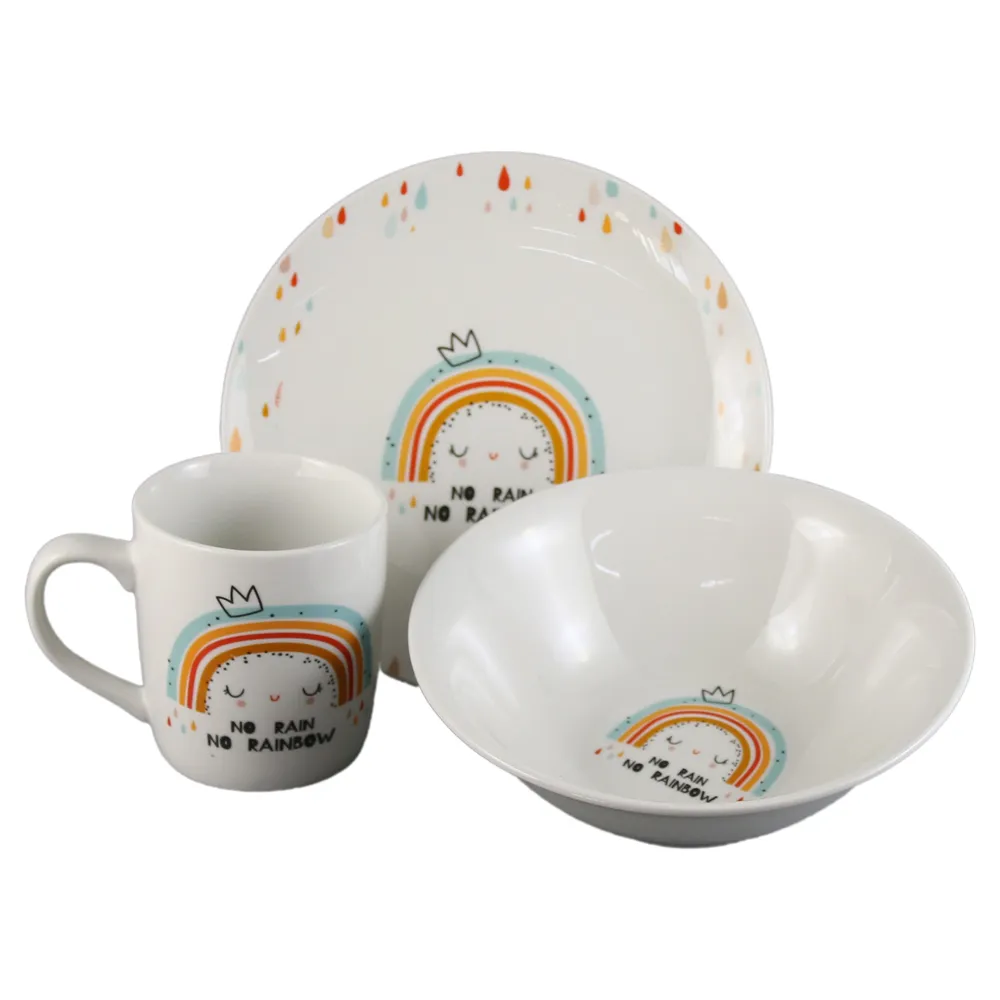 Rechizite școlare - Set vesela copii din portelan 3 piese curcubeu/girafa