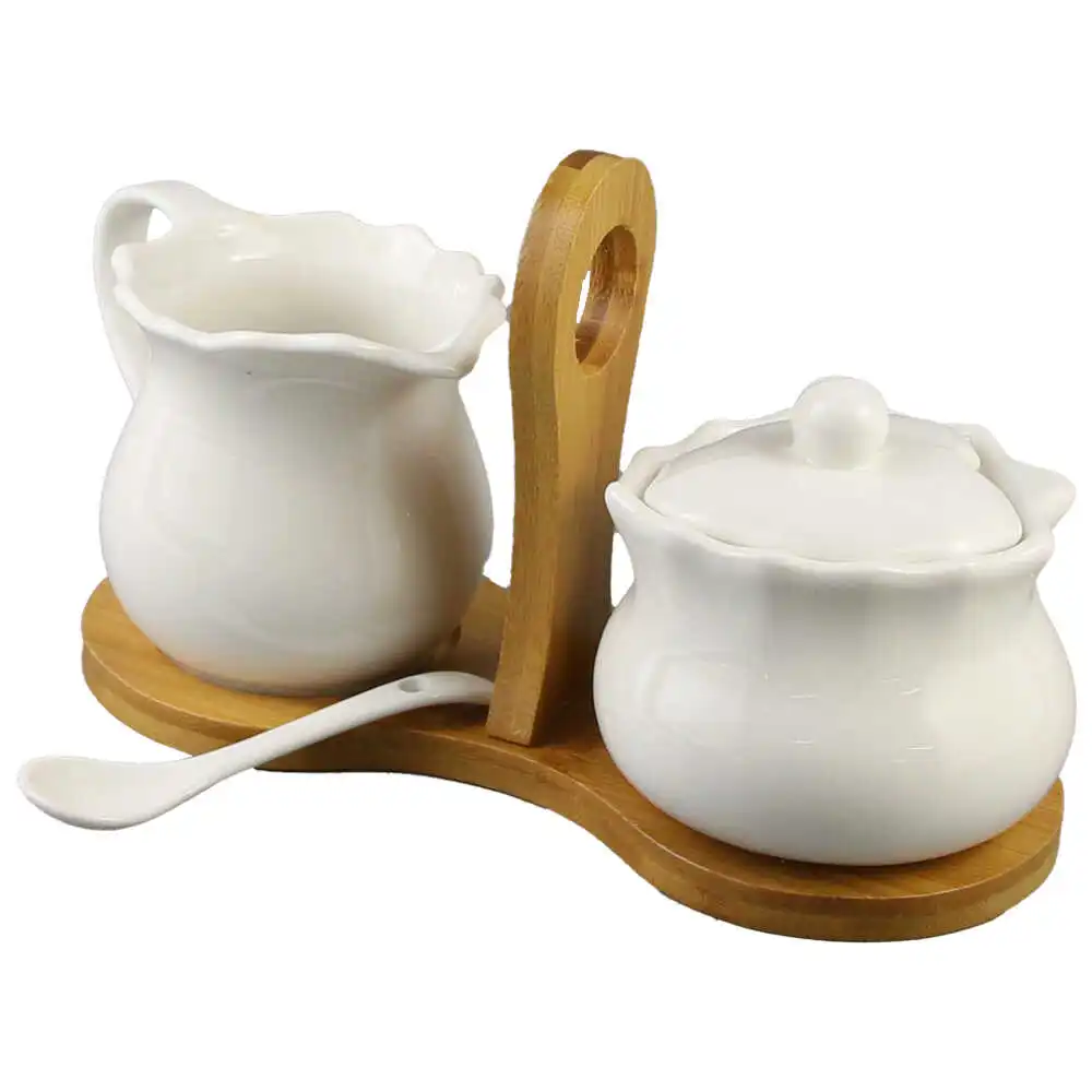 Articole pentru bucătărie - Set zaharnita cu cana pentru lapte si suport din bambus