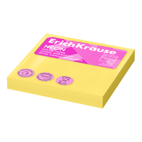Note adezive - Stick notes hartie 75x75mm galben neon 100 coli ErichKrause