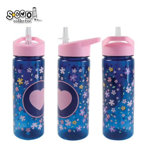 Pahare și sticle pentru scoală - Sticla apa plastic cu pai 600 ml Pink Heart S Cool Collection