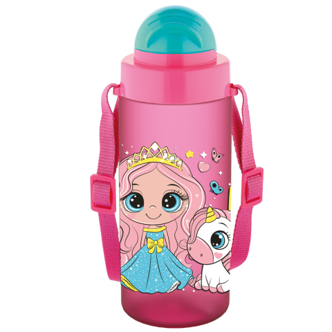 Pahare și sticle pentru scoală - Sticla apa copii tritan Soft touch 500 ml cu pai roz model printesa Noki