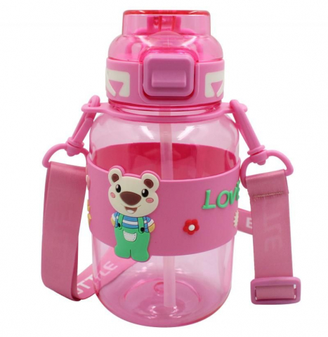 Pahare și sticle pentru scoală - Sticla apa copii PETG 800 ml cu deschidere automata roz Noki