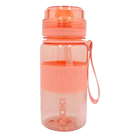 Accesorii școlare - Sticla apa pentru copii tritan 400 ml cu pai si curea roz somon Noki