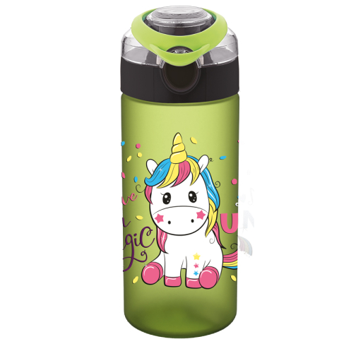 Pahare și sticle pentru scoală - Sticla apa pentru copii tritan Soft touch 500 ml verde model unicorn Noki
