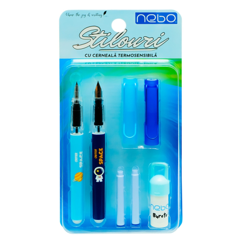 Rechizite școlare - Stilouri cu cerneala termosensibila +rezerve 2 buc /blister albastru Nebo