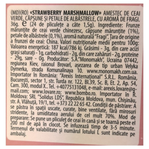 Amestec de ceai verde, fragute si petale de albastrele, cu aroma de fragi Strawberry Marshmallow 24 plicuri x 2 g Lovare [4]