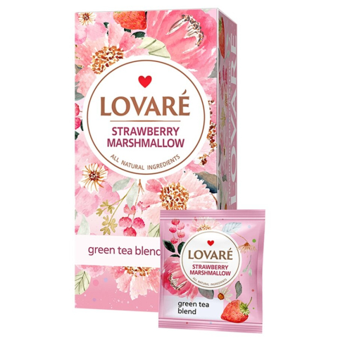 Ceaiuri premium Basilur - Amestec de ceai verde, fragute si petale de albastrele, cu aroma de fragi Strawberry Marshmallow 24 plicuri x 2 g Lovare
